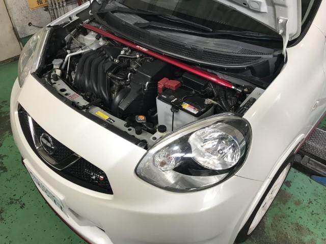 日産　マーチ　ニスモ　S（K13改）フロントブレーキパッド交換とリヤブレーキシュー交換　サスペンション・足回りパーツ取付　国産車・輸入車対応・車検・整備・見積もりもお任せ下さい！八王子/日野/多摩地区/相模原/他地域のお客様も大歓迎です！